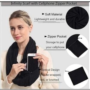 Beyond Yoga Travel Black Infinity Scarf with Cellphone Zipper Pocket